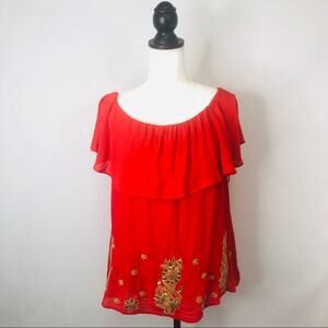 Alice + Olivia orange off the shoulder gold embroidered blouse